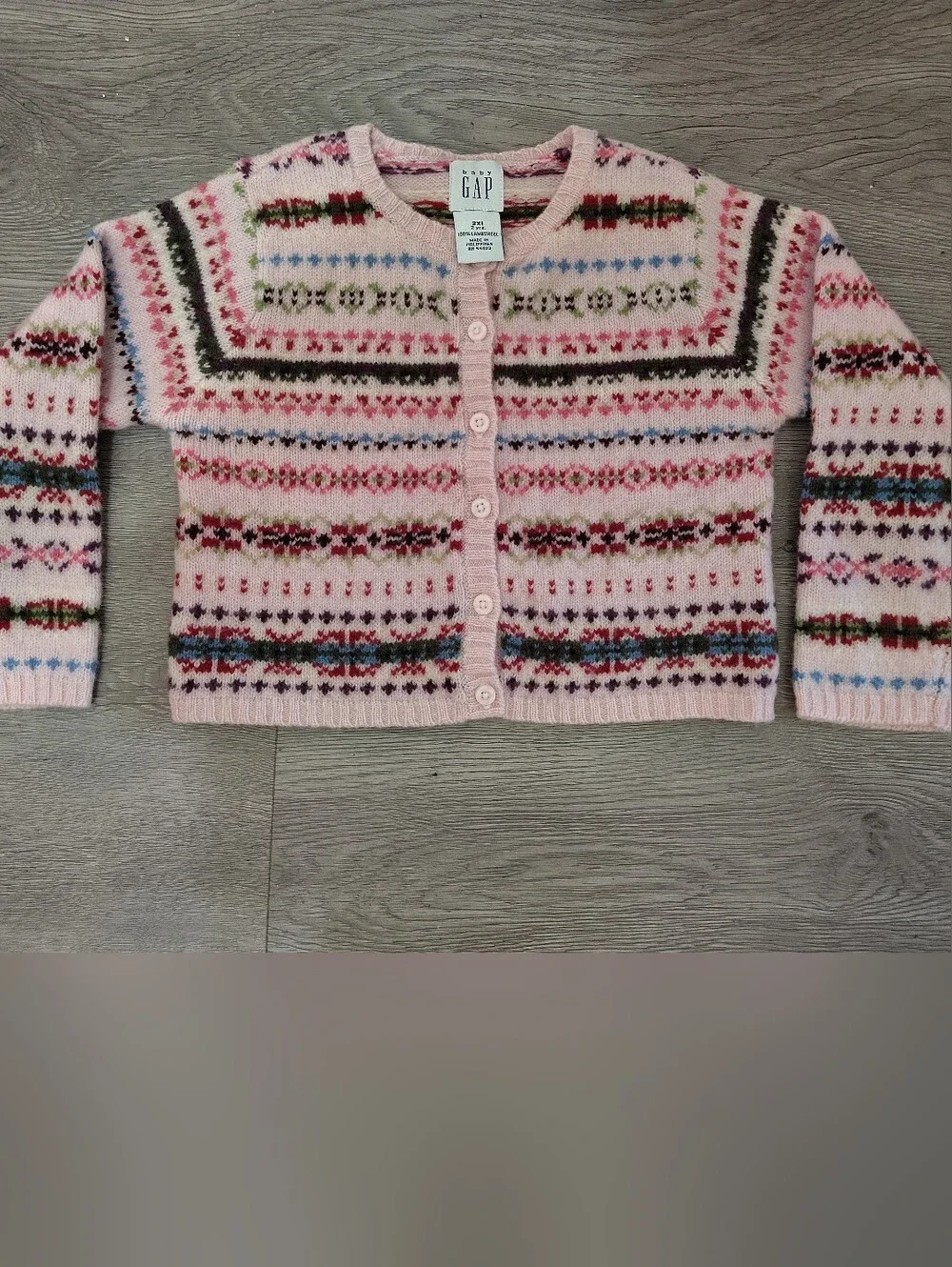 VTG 2000 Baby Gap Girls Size 2T Pink 100% Lambswool Fair Isle Cardigan Sweater